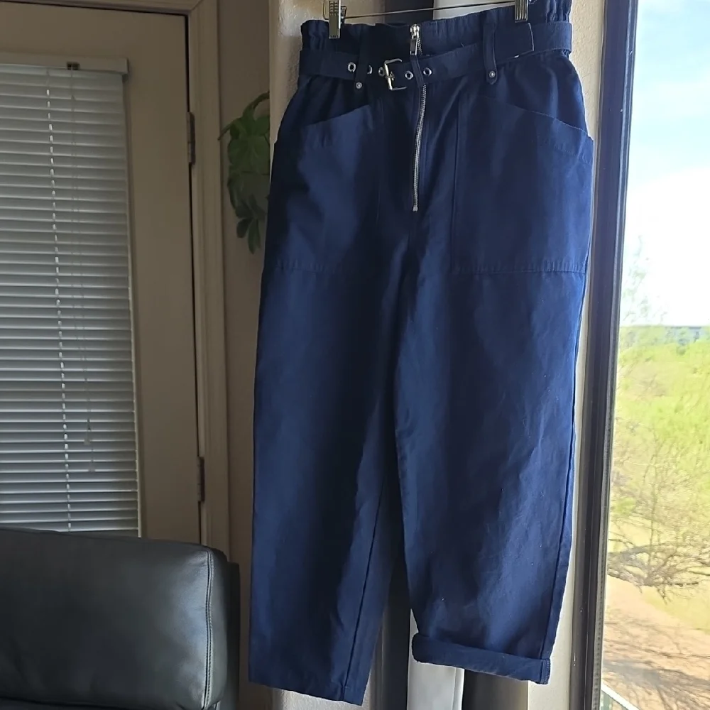 Banana Republic Navy Ankle Pants Stretch Waist Belt Size 8 (Relaxed Fit)